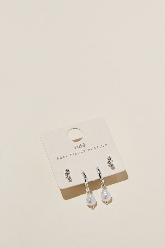 2Pk Small Earring, STERLING SILVER PLATED PEARL AND TRIO DIA