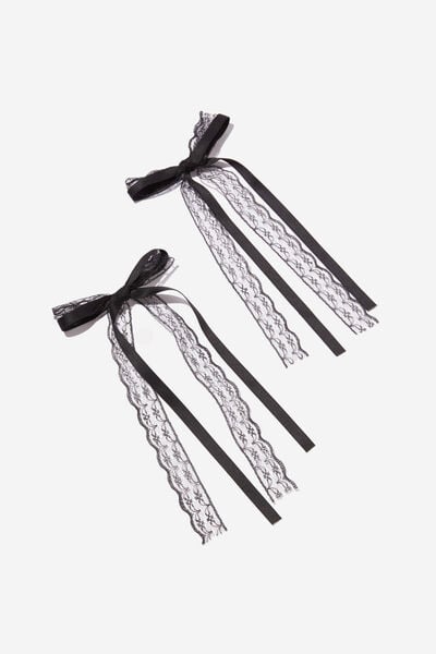 2Pk Harper Hair Bows, BLACK SOLID/LACE