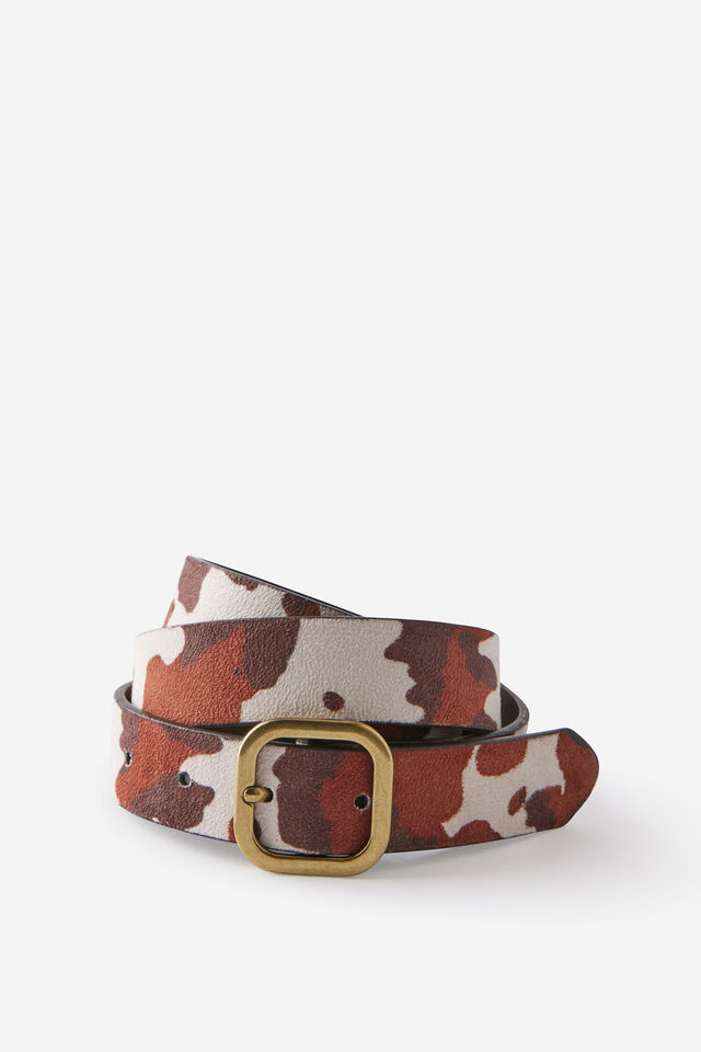 Slim Dad Belt, COW PRINT/ANTIQUE GOLD