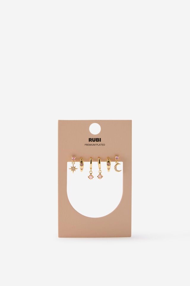 Premium Plated 3Pk Mid Earring, GOLD CELESTIAL PINK DIA