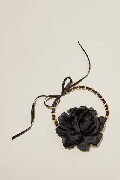 Colar - Choker Necklace, GOLD PLATED BLACK WOVEN CHAIN ROSE