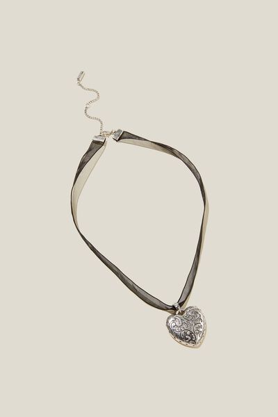 Colar - Cord Pendant Necklace, STERLING SILVER PLATED BURNISHED ETCH HEART