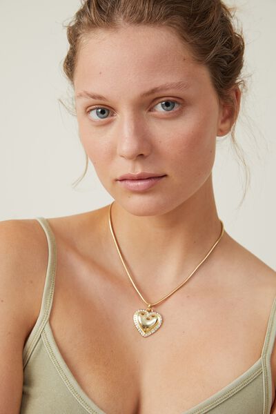 Pendant Necklace, GOLD PLATED DIAMANTE HEART
