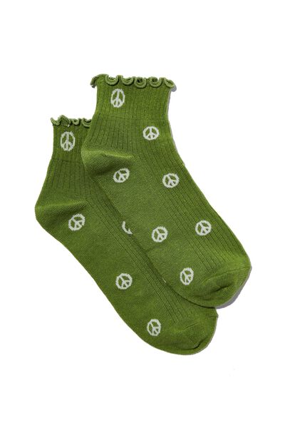 Frill Ribbed Ankle Sock, PEACE SIGN CAMPER GREEN