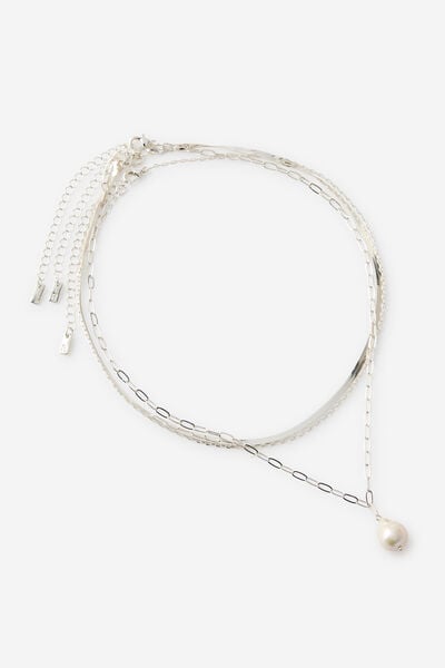 Premium Plated 3Pk Pendant Necklace, SILVER FRESHWATER PEARL MULTI CHAINS