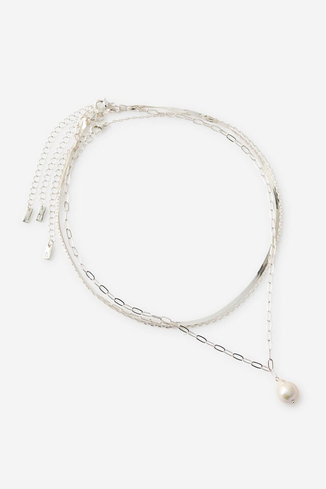 Premium Plated 3Pk Pendant Necklace, SILVER FRESHWATER PEARL MULTI CHAINS