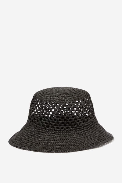 Raffia Bucket Hat, BLACK