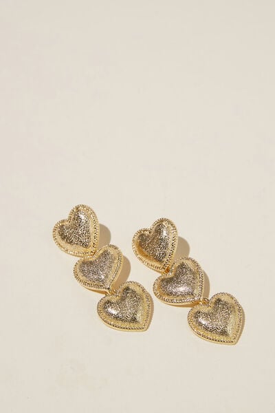 Mid Charm Earring, GOLD PLATED DROP TRIO HAMMERED HEART