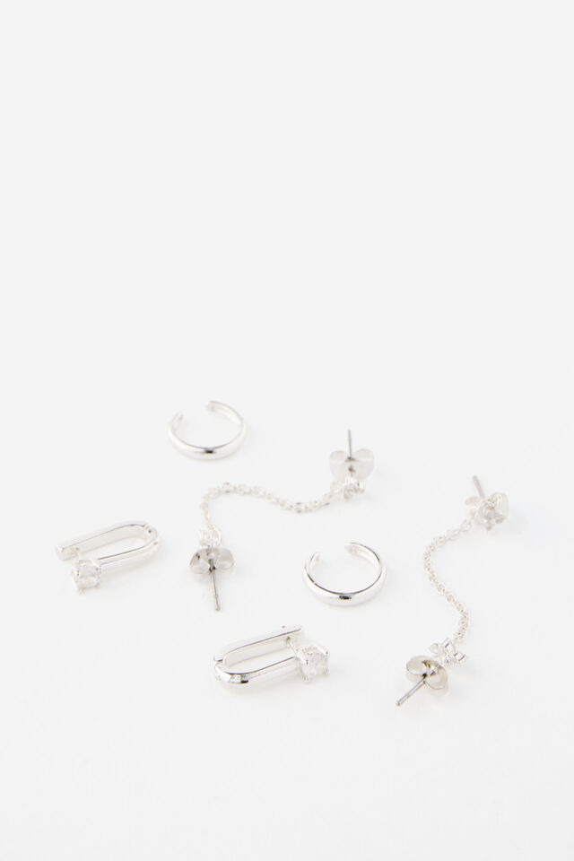 Premium Plated Cuff Earring Pack, SILVER DIA CHAIN