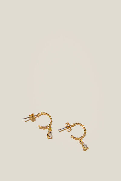 Micro Hoop Earring, GOLD PLATED DIAMANTE DROP