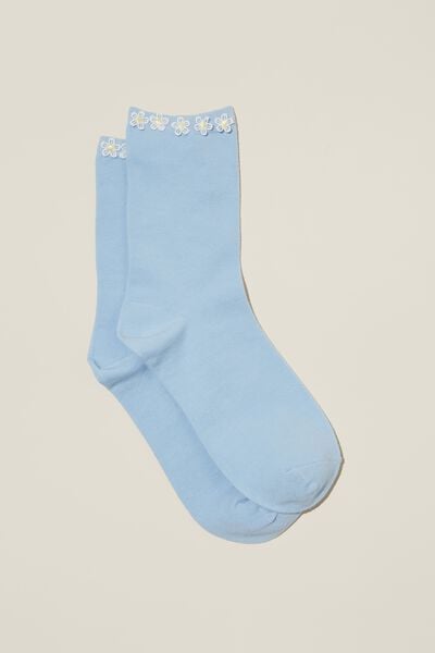 Floral Welt Crew Sock, WHITE FLORALS/BLUE