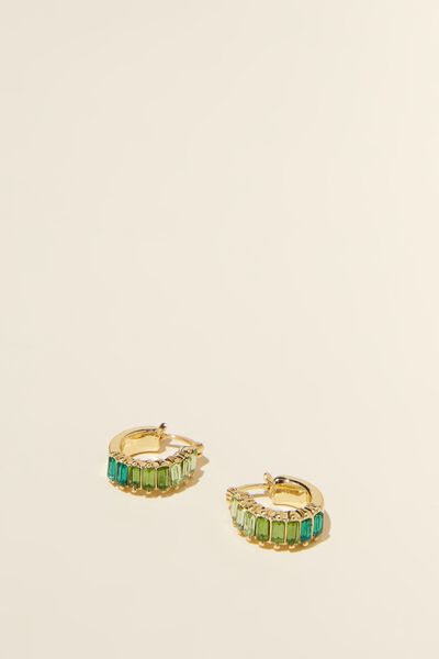 Small Hoop Earring, GOLD PLATED OMBRE GREEN BAGUETTE