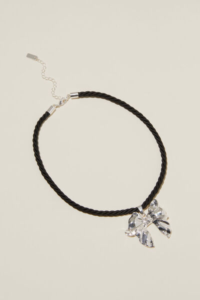 Colar - Cord Pendant Necklace, SILVER PLATED BLACK CORD BOW