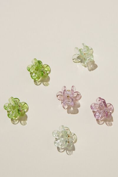 6Pk Mini Flower Claws, GREEN & LILAC