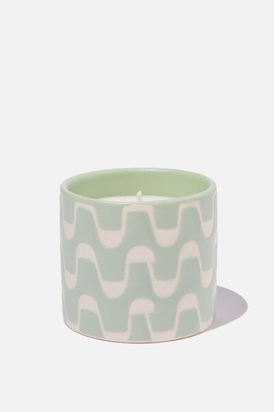 Small Ceramic Candle, GREEN/ECRU SQUIGGLE