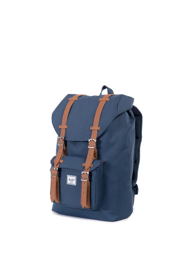 Herschel Little America Mid-Volume Backpack, NAVY/TAN SYNTHETIC LEATHER