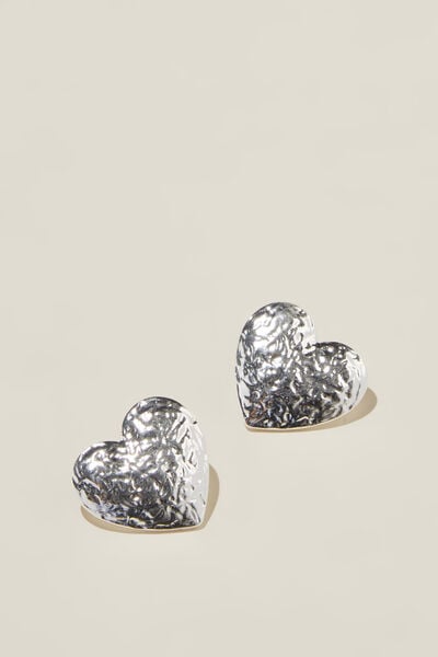 Brinco - Mid Charm Earring, SILVER PLATED HAMMERED HEART STUD