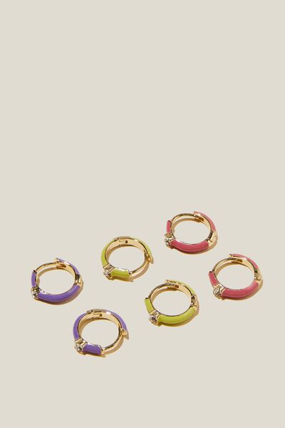 3Pk Mid Earring, GOLD PLATED PINK PURPLE GREEN DIA