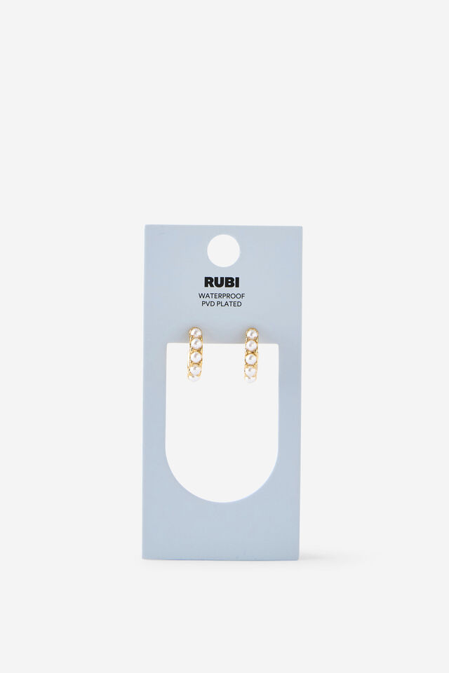 Waterproof Mid Hoop Earring, GOLD MULTI PEARL