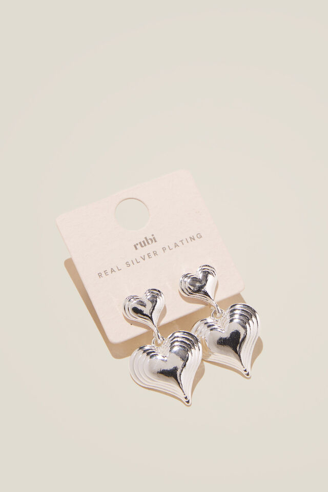 Mid Charm Earring, SILVER PLATED DOUBLE HEARTS