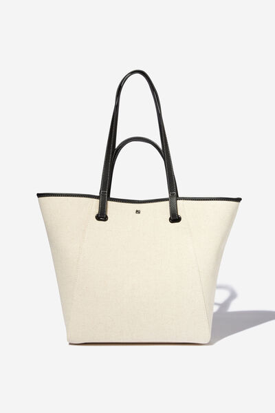 Pia Shopper Tote Bag, BLACK PU & NATURAL CANVAS