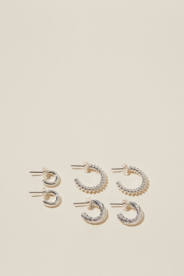 Brinco - 3Pk Mid Earring, STERLING SILVER PLATED TWIST