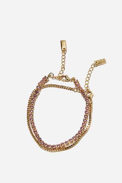 Premium Bracelet Stack Gold Plated, GOLD PLATED TENNIS CHAIN PINK