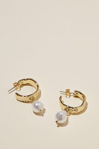 Mid Charm Earring, GOLD PLATED HAMMERED HOOP PEARL DROP