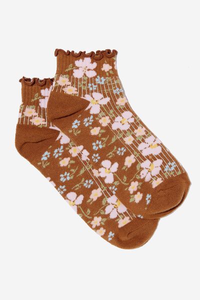 Frill Ribbed Ankle Sock, JANEY DAINTY BRONZED BROWN