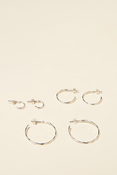 3Pk Mid Earring, STERLING SILVER PLATED HAMMERED METAL
