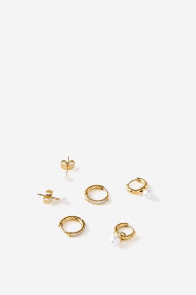 Waterproof 3Pk Small Earring, GOLD DIA HUGGIE PEARL DROP
