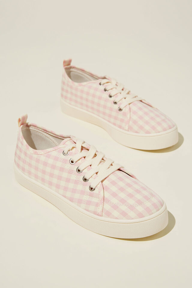 Saylor Lace Up Plimsoll, PINK GINGHAM