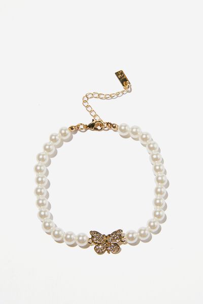Premium Beaded Bracelet Gold Plated, GOLD PLATED PEARL BUTTERFLY
