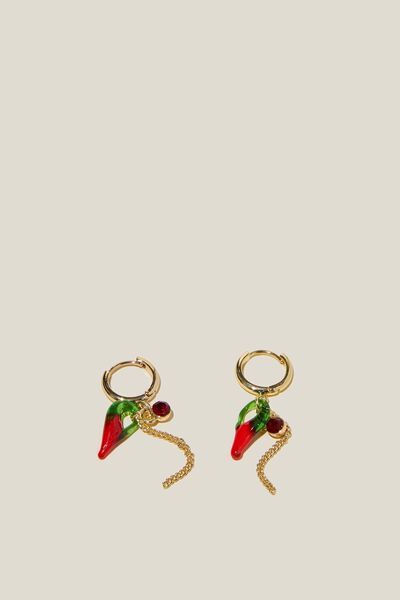 Mid Charm Earring, GOLD PLATED GLASS CHILLI