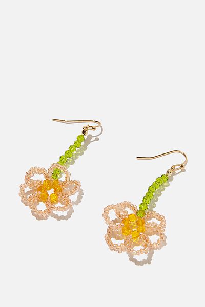 Brinco - Premium Drop Earring , GOLD PLATED BEADED PINK FLOWER