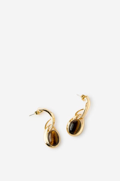 Mid Charm Earring, GOLD HEIRLOOM TIGERS EYE DROP