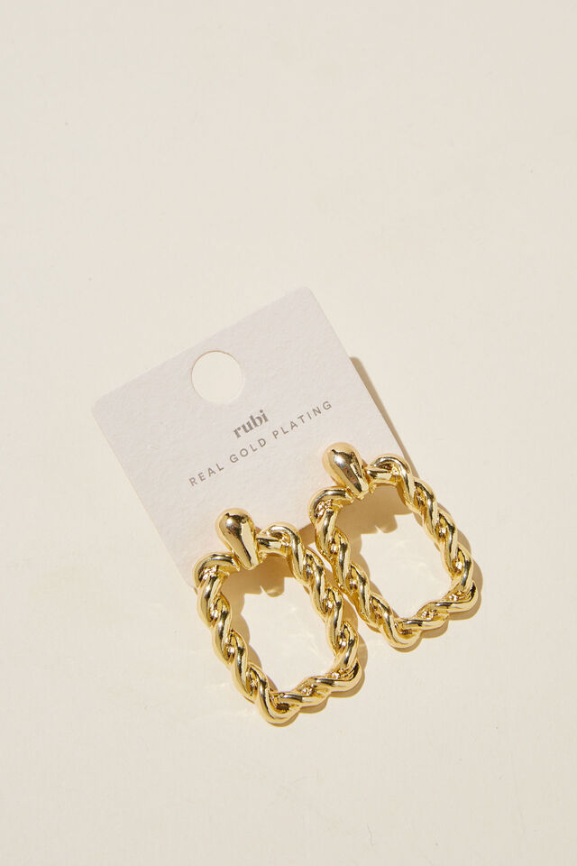 Mid Charm Earring, GOLD PLATED TWIST RECTANGLE DROP