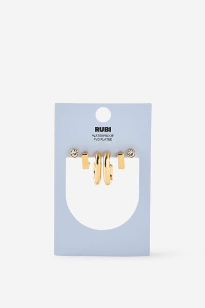 Waterproof 3Pk Mid Earring, GOLD ROUND RECTANGLE DIA