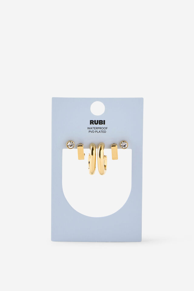 Waterproof 3Pk Mid Earring, GOLD ROUND RECTANGLE DIA