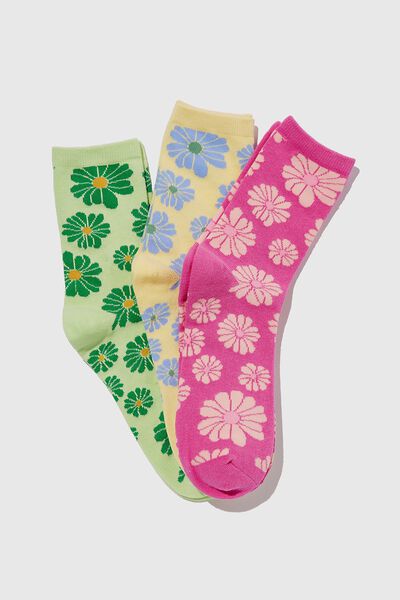 3Pk Carrie Crew Sock, DAISY FLORAL MIX