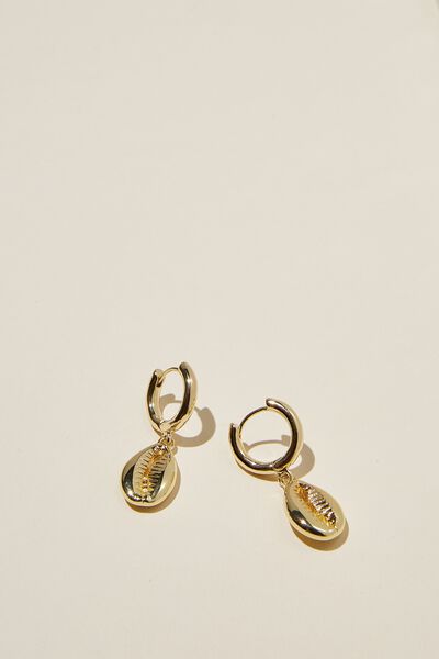Huggie Hoop Earring, GOLD PLATED GOLD COWRIE SHELL