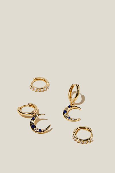2Pk Mid Earring, GOLD PLATED SAPPHIRE BLUE DIA PEARL MOON