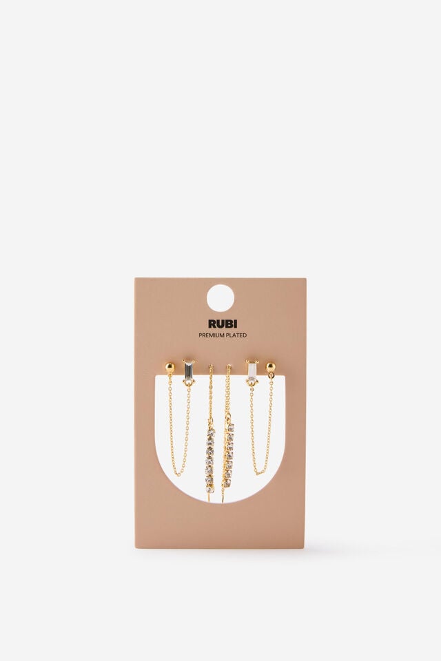 Premium Plated 3Pk Mid Earring, GOLD DIA CHAIN THREADER