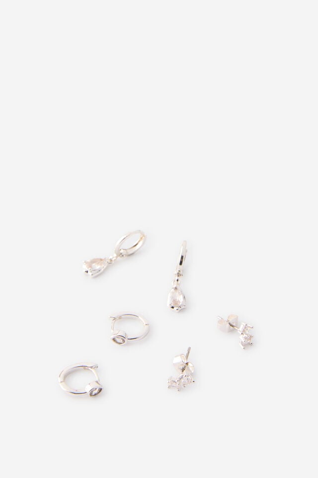 Premium Plated 3Pk Small Earring, SILVER DIA DROP CLUSTER