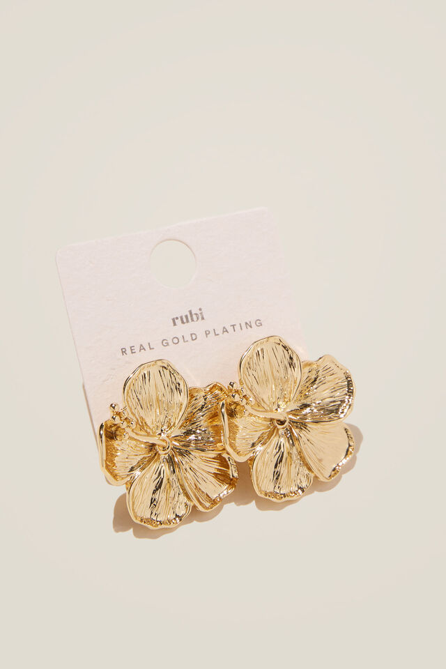 Mid Charm Earring, GOLD PLATED HIBISCUS STUD