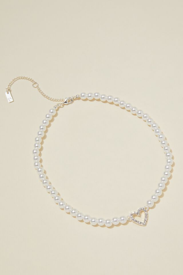 Colar - Beaded Choker Necklace, STERLING SILVER PLATED PEARL DIA HEART