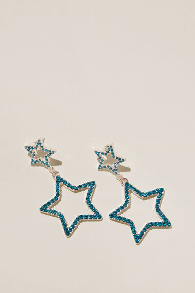 Brinco - Mid Charm Earring, SILVER PLATED BLUE DIAMANTE STAR DROP