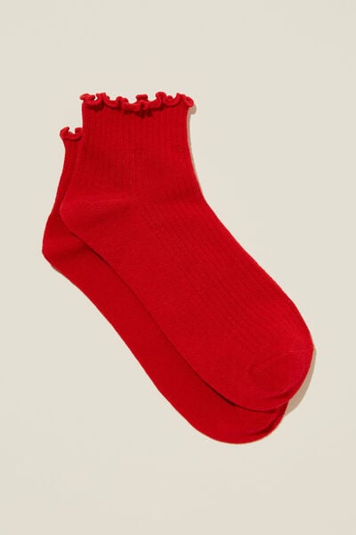 Frill Ribbed Ankle Sock, RED