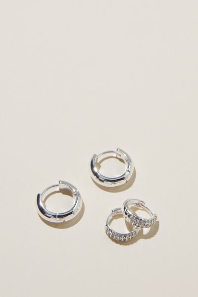 2Pk Mid Earring, STERLING SILVER PLATED PAVE DIAMANTE