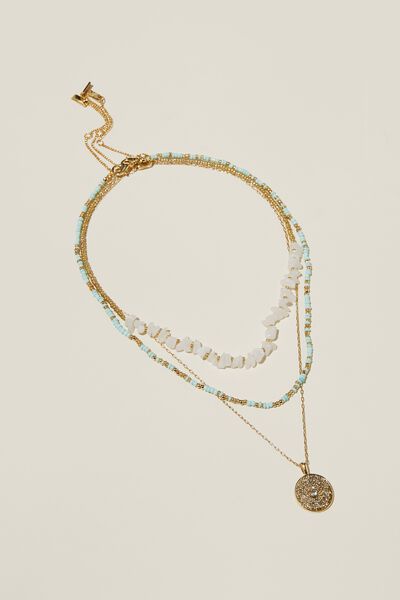 3Pk Beaded Necklace, GOLD PLATED TURQUOISE & HAMMERED CHARM